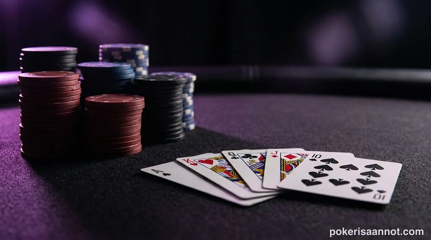 Pokerin säännöt: viiden kortin pokerikäsi ja pelimerkkipinot tummalla pöydällä